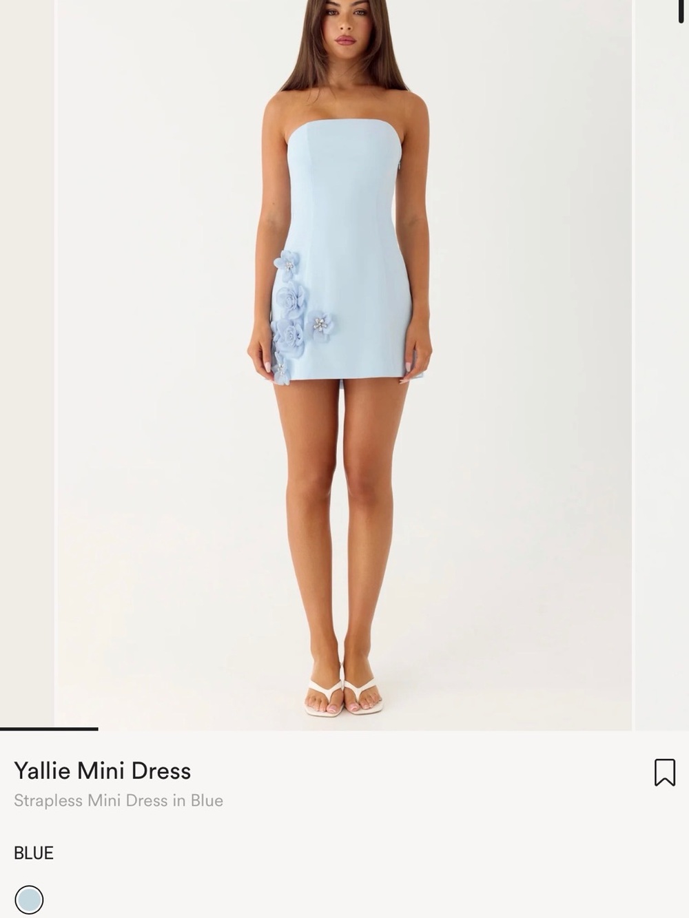 Peppermayo Yallie Strapless Mini Dress in Light Blue with Floral Appliqué sz6